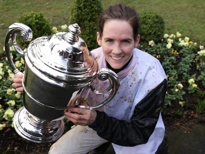 Rachael Blackmore holds the trophy for the Goffs Thyestes Chase