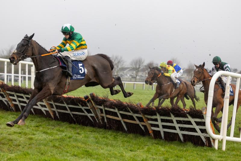 Rachael Blackmore and Raglan Road clear the final hurdle to win for Henry de Bromhead at Naas on Sunday. Photo: Patrick McCann/Racing Post