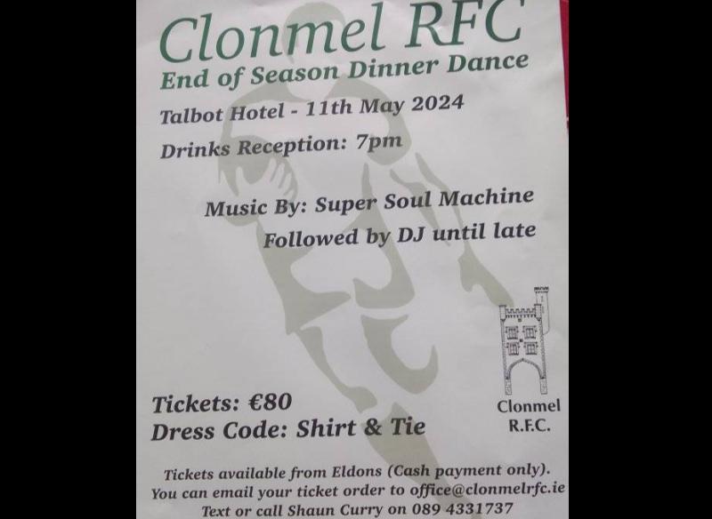Rugby club in Tipperary has organised end of season dinner dance