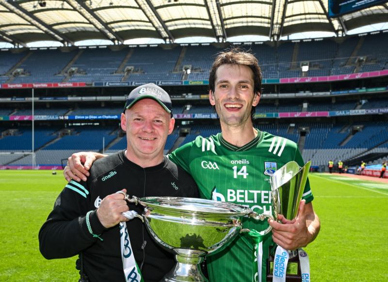 Fermanagh manager Joe Baldwin and Brian Teehan of Fermanagh with the cup after the Lory Meagher Cup final 