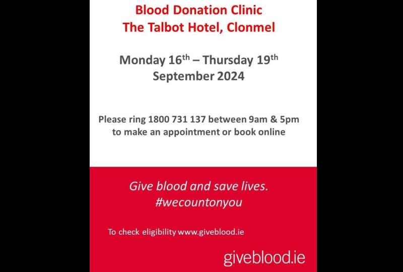 Blood donations clinics are taking place in Clonmel this week