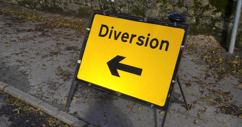 Traffic diversion in place on rural road near Carrick-on-Suir due to road works