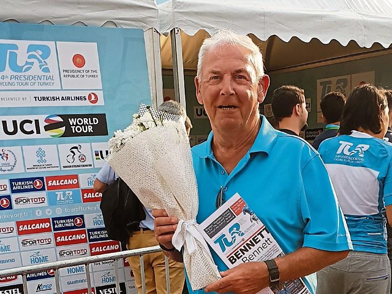 Tipperary fan gets Sam Bennett's bouquet of flowers following Tipperary cyclist's win in Turkey