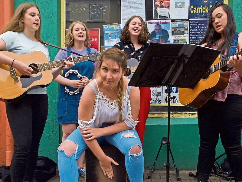 Aibrean, the overall winners of the Clancy Festival Youth Busking Contest, performing on Carrick's Main St. last Saturday. 