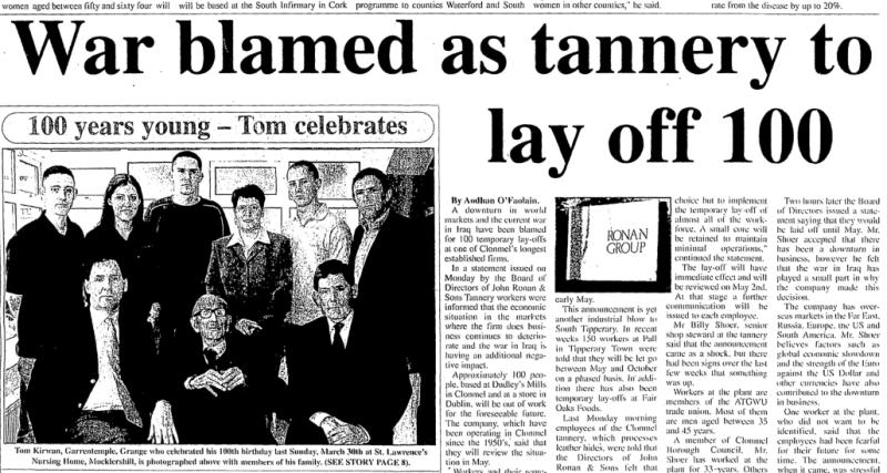 Yesteryears: War blames as factory in Tipperary laid off 100 workers