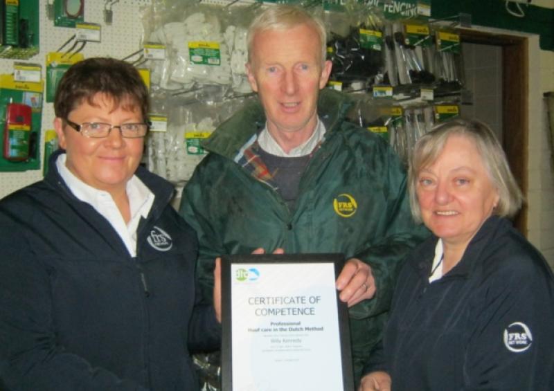 FRS Hoofcare technician, Willie Kennedy, is presented with his Certificate of Competence in Professional Hoof Care in the Dutch Method, by Kate Fogarty, FRS manager, and Mary Ryan, farm services co-ordinator. Contact Mary on 0505-21166  to book your hoofcare service before winter housing