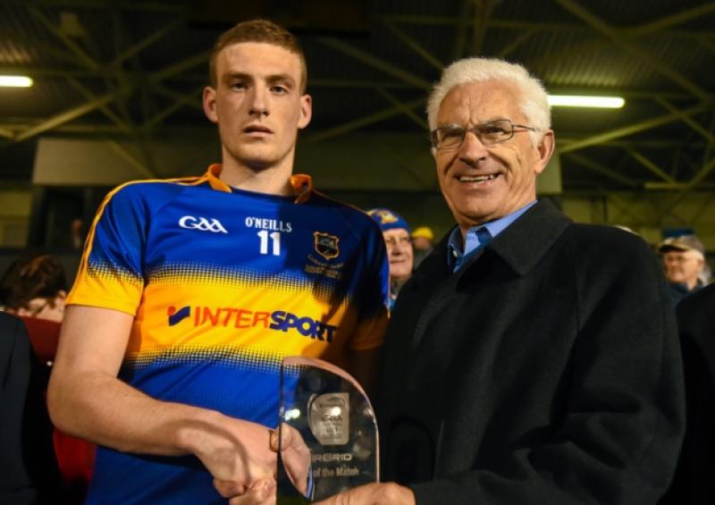 John O'Connor, Chairman, EirGrid, presents Tipperary's Ian Fahey with the EirGrid 'Man of the Match' award following the EirGrid Munster U21 Football Championship Final between Tipperary and Cork at Semple Stadium, Thurle on Thursday night.