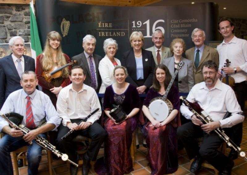 Minister Heather Humphreys, members of the McMahon family, Listowel Labhras and Una O'Mhurcu, and Bru Boru musicians pictured ath the launch of Macalla 1916 last Wednesday.