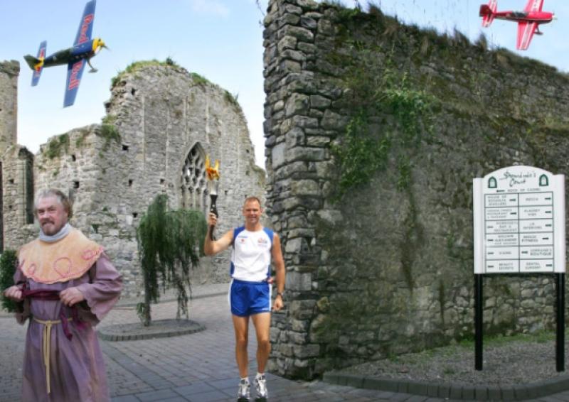 An entry in a Cashel Town Walls Competition from 2006. Town wall at Dominics Court, Peter Tremayne,  Sister Fidelma author, US policeman Special Olympics torch bearer, Red Bull aircraft