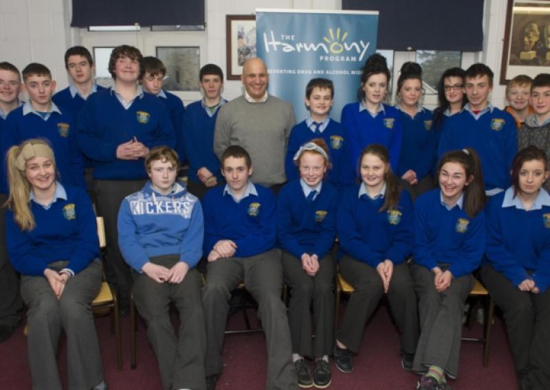 Roger Mehta photographed with students from Fethard's Patrician Presentation Secondary School during the running of the  'Harmony Programme - Preventing Drug and Alcohol Misuse' at the school. The programme was sponsored by Fethard & Killusty Community Council.