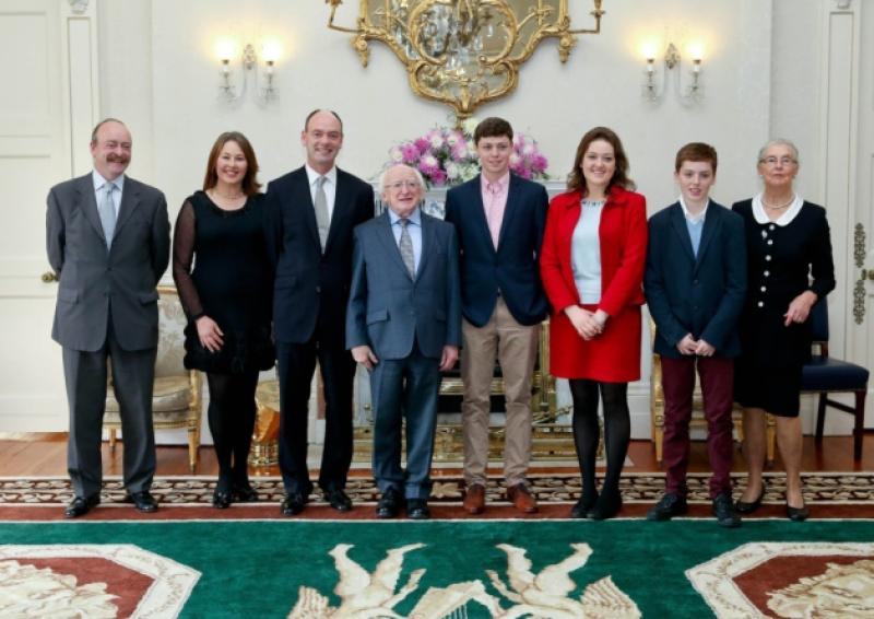 President Michael D Higgins with newly appointed High Court Judge The Hon Mr Justice  Donald Binchy with his (from left) brother Fred, wife Claire, son Donnacha, daughter Emily, son Ronan and mother- in-law Mary Cusack.
