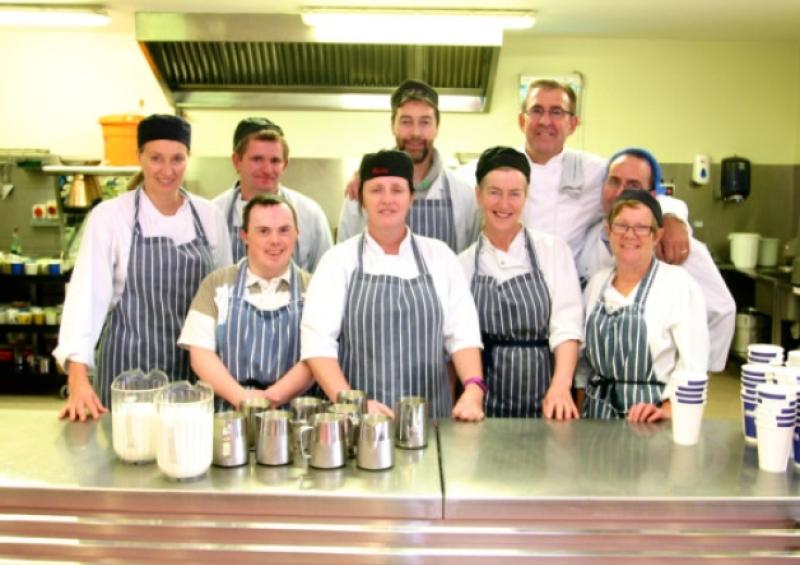 The hardworking kitchen team in Moorehaven: Gerode Ryan, Rosalyn Holmes, Peg McGrath, Noreen FahyBack: Angela Ryan, Peter Dewick, Pay O'Shea, Malcolm Bell, William Naughton at the official opening of new facilities at the Moorehaven Centre, Tipperary Town.