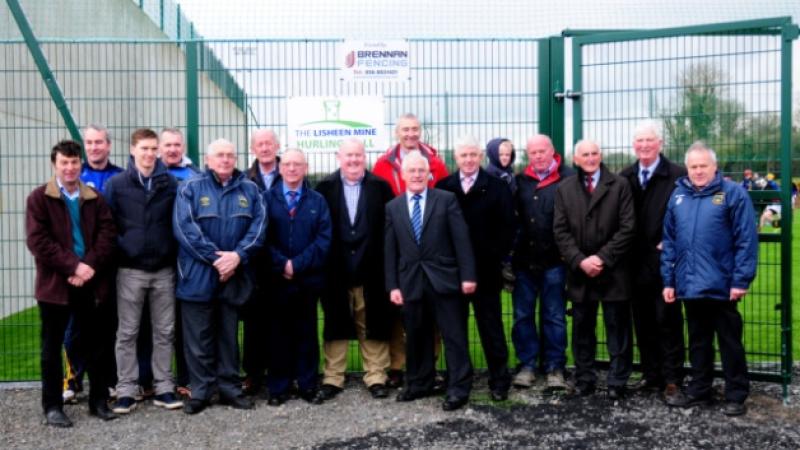 Pictured at the launch of the Lisheen Mine Hurling Wall at Dr Morris Park at the weekend were Tipp hurling legend Jimmy Doyle and Alan Buckley of Lisheen Mine who cut the tape, along with County Board