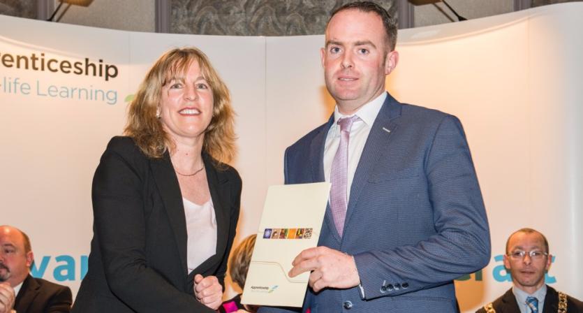 Dr. Mary Liz-Trant (SOLAS, CEO) presents Danny Cotter, Electrical, "CICIDA Engineering LTD", Clonmel, Co Tipperary with his certificate