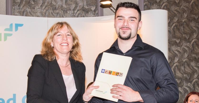 Craig Ennis, Electrical, "Derg Electrical Services", Nenagh, Co. Tipperary receives his certificate from Dr. Mary Liz-Trant (SOLAS, CEO)