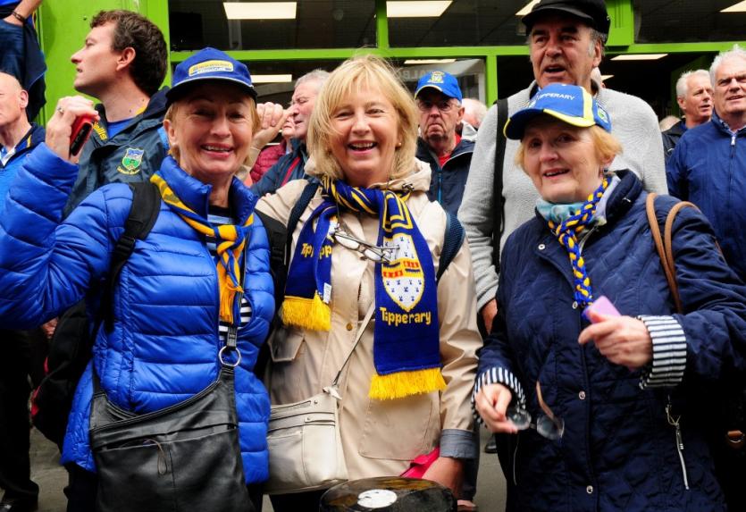 Thurles ladies Anne O'Regan, Pauline O'Dwyer and Avril O'Regan on Talbot Street for the Seán Treacy Commemorati before the All Ireland. Photo by Eamon